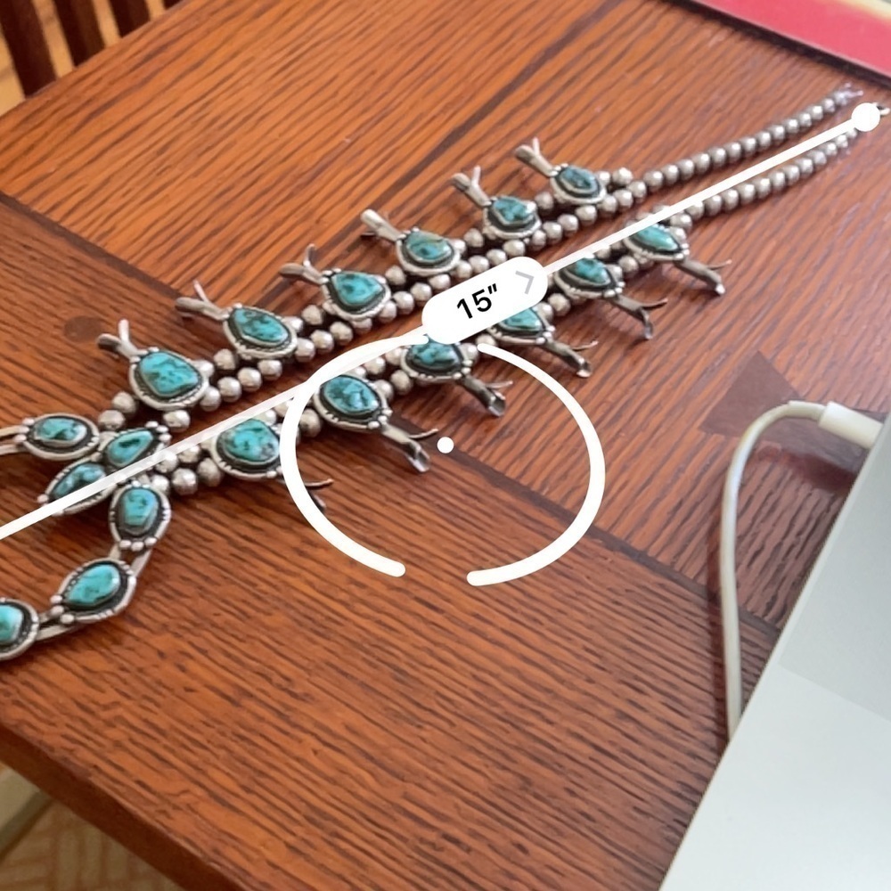Vintage squash blossom Turquoise pendant necklace silver beaded. Navajo sterling - Picture 4 of 6